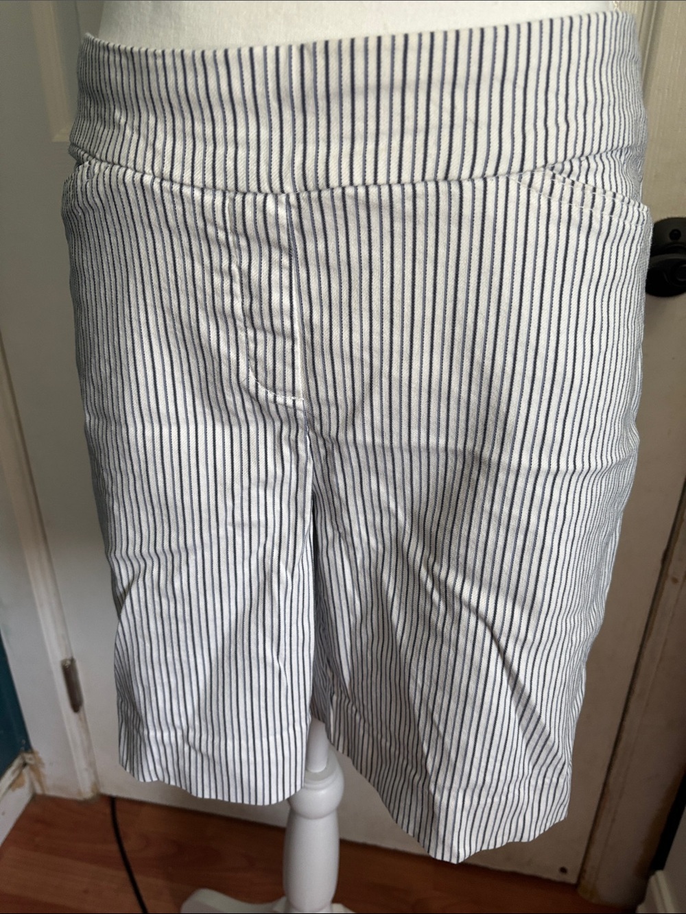 Hilary Radley White and Navy Vertical-Stripe Bermuda Shorts